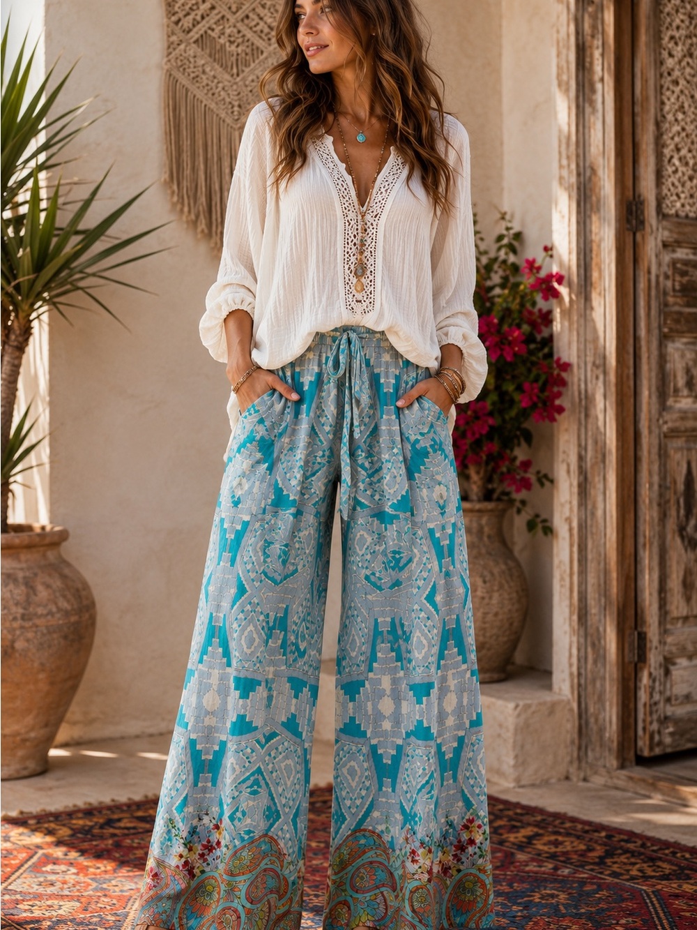 Johnny Was Turquoise Printed Wide-Leg Palazzo Pants (673545) 🦋 ☀️
